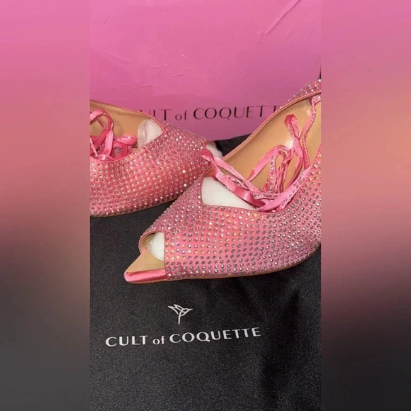 NIB CULT OF COQUETTE KIM PINK SATIN CRYSTAL OPEN TOE HEELS SHOES SIZE 10 - Picture 8 of 13